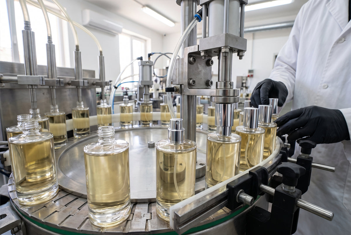 Official Magyx photograph of perfume bottles being carefully filled in production